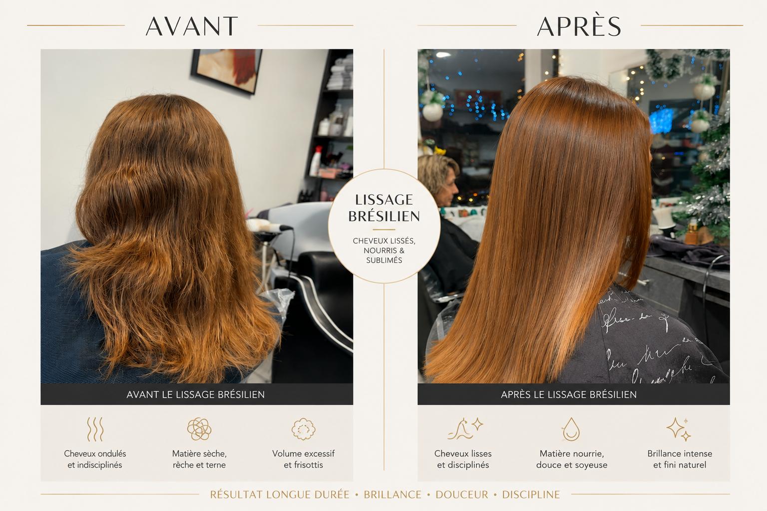 Lissage brésilien avant après dans un salon de coiffure à Ozouer-le-Voulgis (Seine-et-Marne)